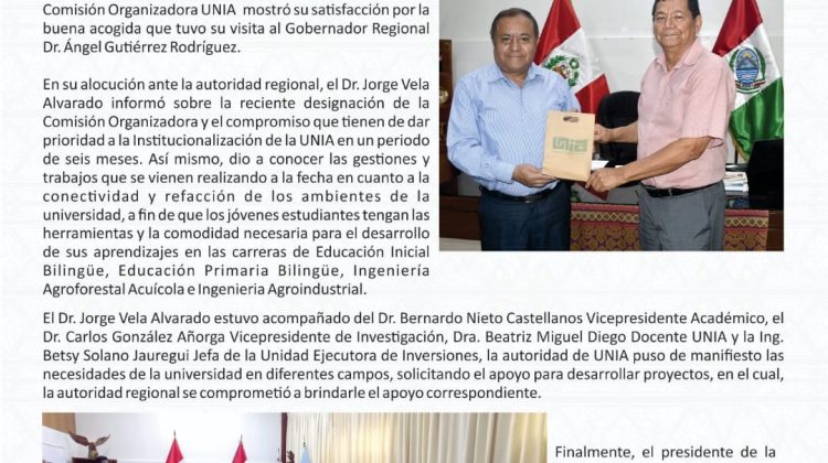 La Comisión Organizadora UNIA realizo visita protocolar al Gobernador Regional de Ucayali